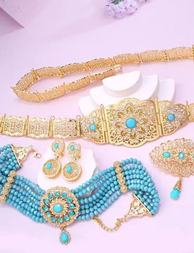 New Blue Stone Jewelry Set Gold Plated Moroccan Turkish Caftan Wedding Belt Necklace Earring Muslim Sets Arabic Bijoux Femme - Aliexpress - FashionsVida