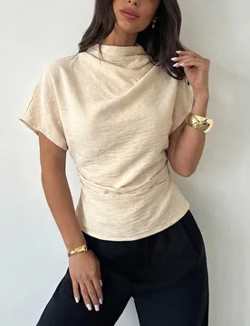 Blusa de lino de bambú color albaricoque para mujer con cuello arrugado, manga asimétrica, cintura fruncida lateral, ajuste ceñido, para verano, of - Shein - FashionsVida