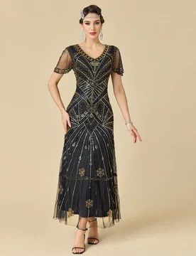 Vestido de noche vintage de los años 20 para mujer con cuello en V, lentejuelas y cuentas, adecuado para bodas, vacaciones, fiestas y otoño M - Shein - FashionsVida