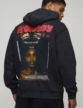 Herren Schwarzer Oversized Playboy License Bedruckter Hoodie Sweatshirt Washed Black Größe Large - boohooMAN - FashionsVida