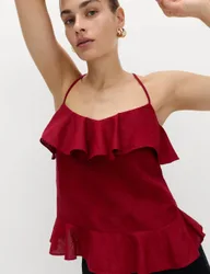 Linen Cotton Blend Ruffle Cami Top Dark Red female