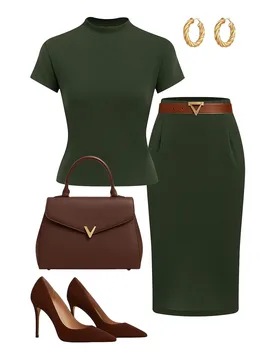 Conjunto de 2 piezas de top de manga corta y falda larga minimalista casual para mujer XL - Shein - FashionsVida