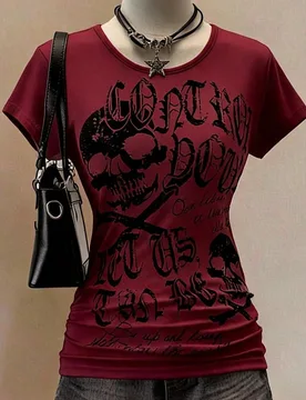 Camiseta de mujer de verano con cintura ajustada y corte slim, estilo punk rock, manga corta, estilo americano, estampado de calavera & hueso en negro - Shein - FashionsVida