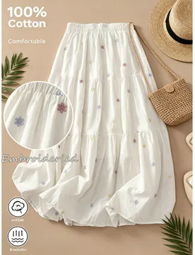 Falda larga de mujer talla grande elegante romántica bohemia de moda casual con bordado floral y capas, falda versátil y linda para todas las estaci - Shein - FashionsVida