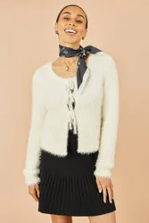 Women's Ivory Eyelash Fluffy Knit Bolero With Tie Front Size: Small - Ivory - Size: S