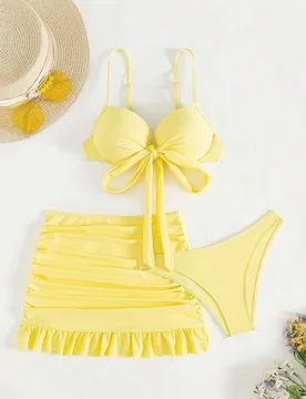 Conjunto de 3 piezas de falda de playa amarilla con tirantes finos, lazo decorativo, volantes en el bajo y efecto push up & bikini, para vacaciones de - Shein - FashionsVida