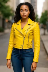 Womens Yellow Cropped Brando Biker Jacket-Durban Lamb Leather - Size 20 Uk