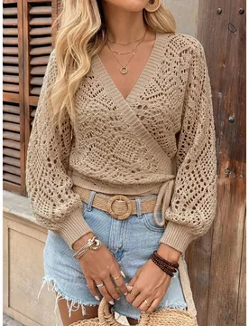 Cárdigan de manga larga con cuello en V, cruzado, con diseño de lazo delantero, en unicolor, top de manga larga L - Shein - FashionsVida