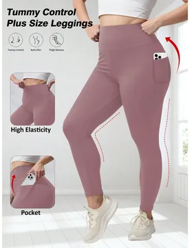 Leggings de cintura alta con bolsillos para mujer talla grande, pantalones ajustados 3/4 de cintura alta con bolsillos para correr, rosa, primavera, d - Shein - FashionsVida