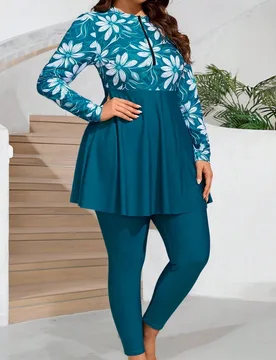 Mujeres Talla Grande 2 Piezas Vestido Largo Modesto Suave con Estampado Floral y Cremallera Delantera, Traje de Baño Casual para Vacaciones, Burkinis - Shein - FashionsVida