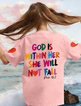 Camiseta de manga corta de cuello redondo para niñas "Dios está dentro de ella, ella no caerá" con energía positiva, nueva ropa cómoda de primave - Shein - FashionsVida