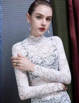 Pieza Blusa ajustada de manga larga con cuello alto de encaje sexy, top de capa elegante y de moda para mujer en color blanco para primavera S - Shein - FashionsVida