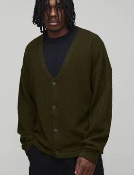 Herren Tall Relaxed Fit Korb-Strick Cardigan Khaki Größe Large - boohooMAN - FashionsVida