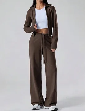 Conjunto de 2 piezas para mujer con cárdigan de manga larga con cremallera y pantalones holgados con cintura con cordón, marrón oscuro, casual para - Shein - FashionsVida