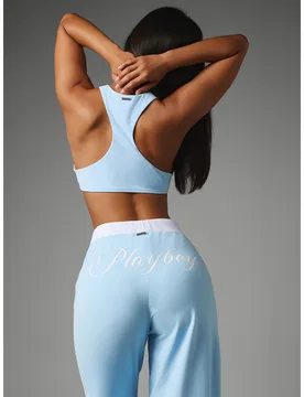 Conjunto de bralette corto con cuello redondo y pantalón de pierna ancha con cordón, con estampado de logotipo de escritura L - Shein - FashionsVida