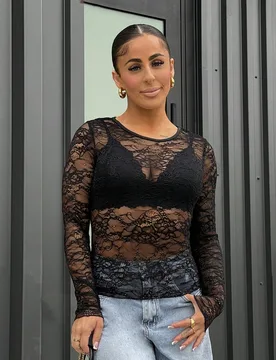 Blusa de encaje de manga larga y cuello redondo transparente y elegante para mujer L - Shein - FashionsVida