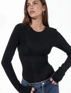 Womens Slim Fit Long Sleeve Transparent Blouse - Black - Size Medium - Busem - FashionsVida