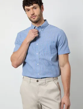 Mens Blue Multi Stripe Short Sleeve Shirt Cotton - Size Small - Maine - FashionsVida