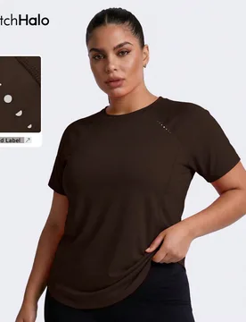 Top de fitness de manga corta para mujer talla grande, diseño de cuello redondo y manga raglán, tela transpirable de secado rápido y elástica, lar - Shein - FashionsVida