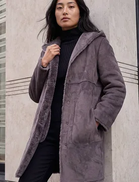 Women's Petite Faux Sheepskin Hooded Coat in Taupe Size: 14 - Taupe - Size: 14 - Roman - FashionsVida