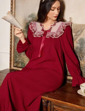 Camisón de manga larga con bordado floral y recorte de volantes en estilo de bloqueo de color, estilo de vacaciones, invierno, Camisón Moo Moo para - Shein - FashionsVida