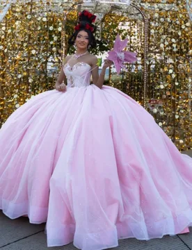 Pink Shiny Quinceanera Dresses Off The Shoulder Beading Crystal Tull Party Birthday Sweet 16 Dress Vestidos 15 De Anos - Aliexpress - FashionsVida