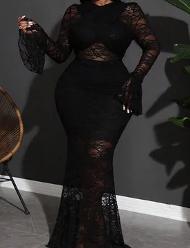 Elegante vestido largo y ajustado de Body completo con mangas de trompeta de encaje, transparencia y cola de pez, para mujer de talla grande, estilo d - Shein - FashionsVida