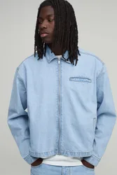 Mens Essential Boxy Denim Harrington Jacket - Light Blue Cotton - Size Large