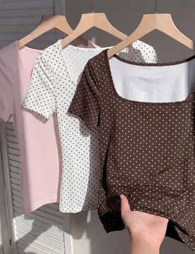 Set de 3 camisetas de cuello cuadrado de unicolor y estampado de lunares, de estilo casual de verano XS - Shein - FashionsVida