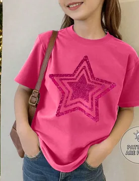 Pieza Camiseta de manga corta con estampado de estrella brillante y dulce para niñas, cómoda y transpirable, uso casual diario para el verano 13Y - Shein - FashionsVida