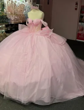 Pink Shiny Ball Gown Quinceanera Dresses Off The Shoulder Beads Bow Tull Party Birthday Sweet 16 Dress Vestidos De 15 Anos - Aliexpress - FashionsVida