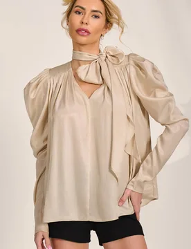 Women's Bow Neck Puff Sleeve Satin Blouse in Medium Beige Size: 8 - Medium Beige - Size: 8 - Jolie Moi - FashionsVida