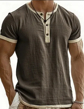 New Men's Vintage Contrasting Color Casual Henry Collar Short-sleeved T-shirt POLO Shirt - Aliexpress - FashionsVida