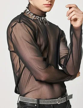 Sexy Mens Streetwear Mesh Transparent Turtleneck Long Sleeve Tops Solid Color Summer T Shirts O Neck Tee for Men Black Color - Aliexpress - FashionsVida