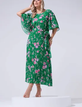Women's Floral Pleated Maxi Dress in Green Size: 24 - Green - Size: 24 - Yours - FashionsVida
