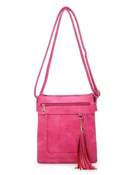Women's Braided Trim Double Compartment Crossbody Bag with Tassel Charm in Baby Pink - Baby Pink - Size: One Size - Kitise - FashionsVida