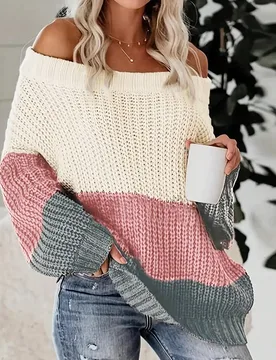 Suéter holgado y sexy con hombros descubiertos para mujer, jersey de punto acanalado casual con contraste de color, top de un solo hombro de manga la - Shein - FashionsVida