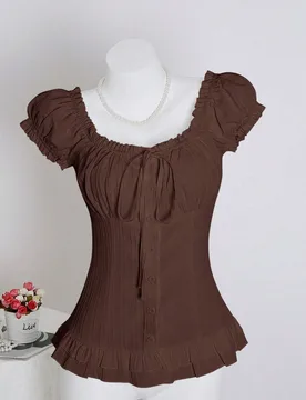 Blusa de mujer de manga corta con volantes en el bajo y cintura con lazo, de unicolor para el verano S - Shein - FashionsVida