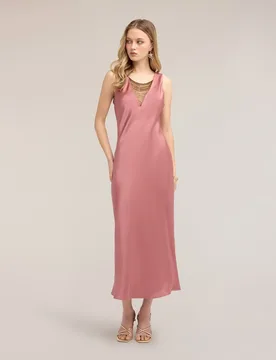 Vestido largo de satén con detalle de cadenitas largo maxi cierre con cremallera - Motivi - FashionsVida