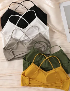 Paquetes de Bralette Acanalado Sin Costuras, Espalda Cruzada con Tirantes Finos de Espagueti, Sujetador Corto Sin Alambre con Cuello en V, Lencería D - Shein - FashionsVida