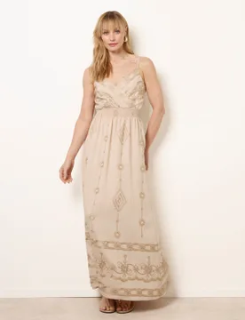 Embroidered Maxi Dress With Adjustable Straps - S/M / STONE - female - Blue Vanilla - FashionsVida