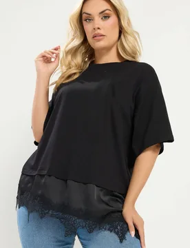 Women's Lace Trim T-Shirt in Black Size: 16 - Black - Size: 16 - Yours - FashionsVida