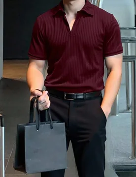 Camisa polo de punto acanalado a rayas color burdeos para hombres – Ajuste regular estilo de negocios, formal M - Shein - FashionsVida