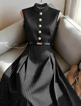 Vestido elegante francés para mujer, tejido, sin mangas, con pequeño cuello alto y decoración de botones, sin cinturón, falda completa, a rayas ne - Shein - FashionsVida