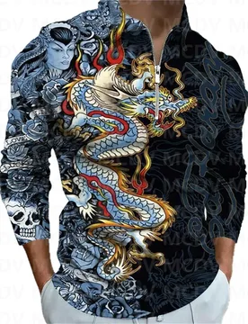 Men's Long Sleeve Zipper Polo Shirt Dragon 3D Printed Polo Long Sleeve T Shirt Casual Tops - Aliexpress - FashionsVida