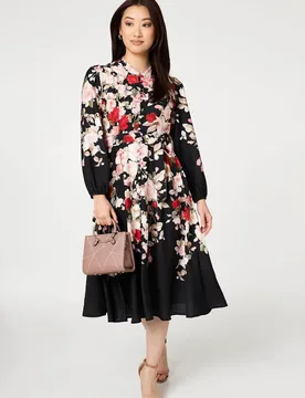 Women's Floral Tie Waist Long Sleeve Midi Dress in Black Size: 10 - Black - Size: 10 - Izabel London - FashionsVida