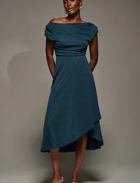 Women's Draped Jersey Cowl Neck Midi Dress in Teal Size: 16 - Teal - Size: 16 - Jolie Moi - FashionsVida