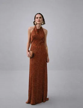 Vestido largo de gasa con cuello halter y espalda descubierta - Veneno en la piel - FashionsVida