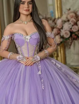 Lavender Quinceanera Dress off-shoulder Glitter Crystal Flower Decal Long tail vestidos de 15 Quinceanera ﻿Customize - Aliexpress - FashionsVida