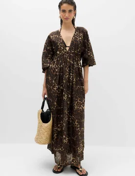 Pure Cotton Printed V-Neck Sheer Kaftan Brown Mix female - M&S - FashionsVida